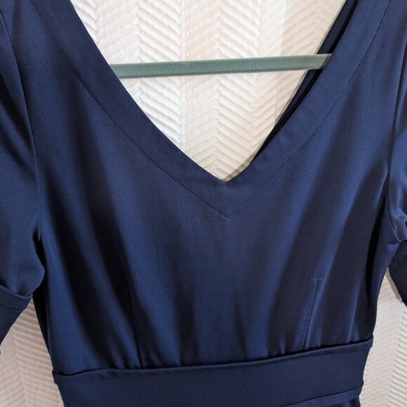 Pink Tartan Navy Stretch Sheath Dress Pockets Zip Back Size Small Tailored Fit - Picture 6 of 13